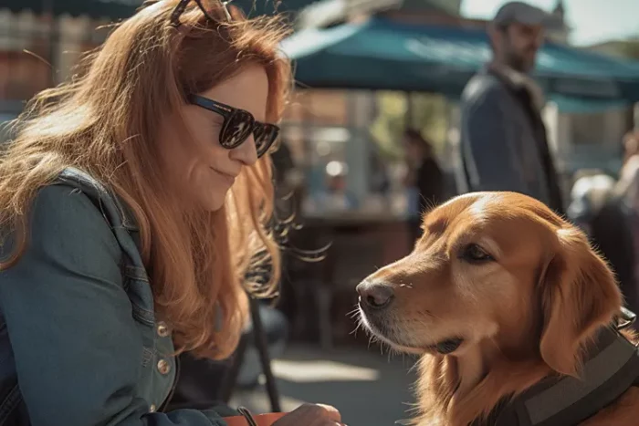 A woman with her service dog enjoying a sunny day out in the city