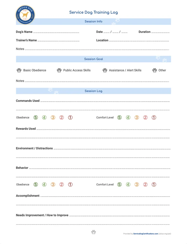 Service Dog Training Log - ServiceDogCertifications